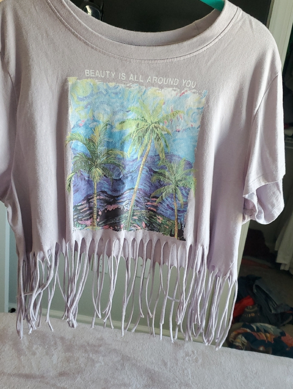 Lilac Palm Graphic Fringe Crop Top - Casual Summer Tee
